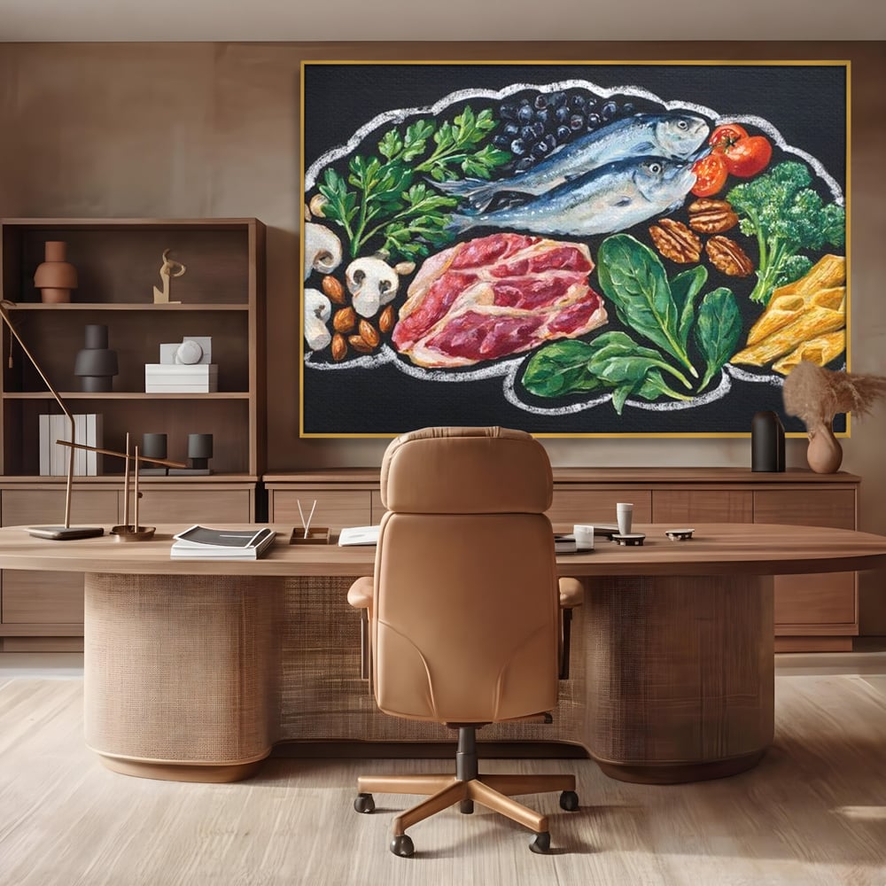 Tablou canvas cu pictura cu alimente variate pe fundal negru, in rama de aluminiu auriu, pe perete intr-un birou